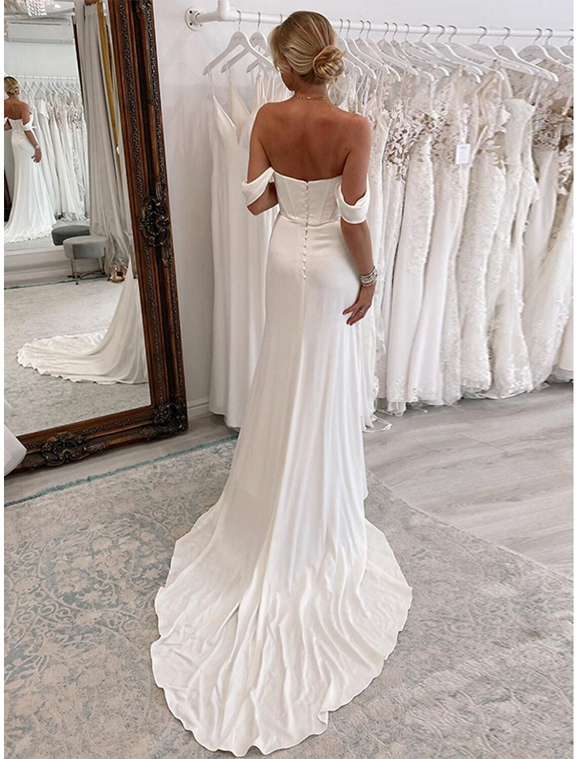 Wholesale Reception Formal Wedding Dresses Sheath / Column Off Shoulder Sleeveless Court Train Stretch Fabric Bridal Suits Bridal Gowns With Pleats Ruched